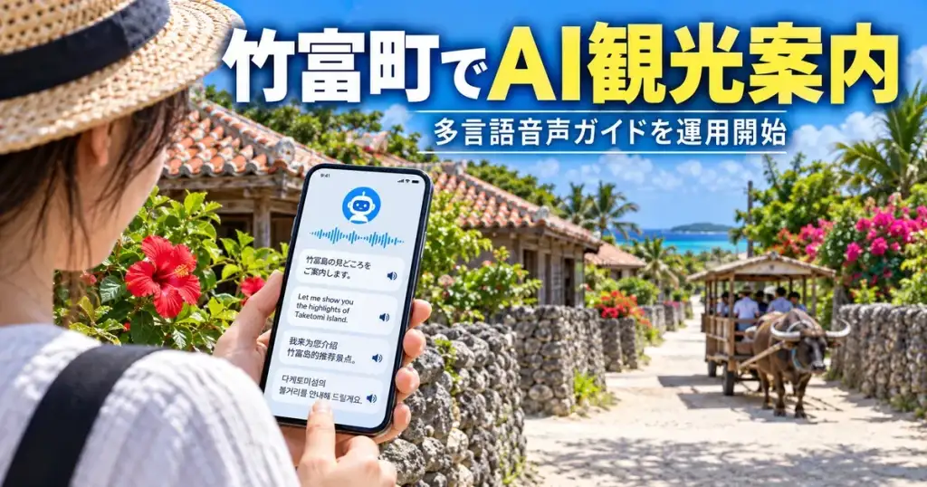 竹富町の赤瓦の集落でスマートフォンの多言語AI観光ガイドを利用するイメージ