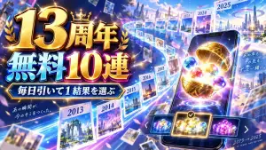 モンスト13周年の無料10連と2013年から2025年の時間軸を表したオリジナル画像