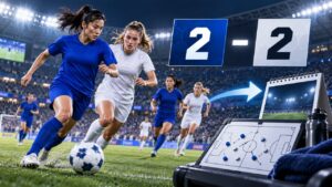 日本とイタリアを表す色のユニフォームが向き合うサッカーの抽象イメージ