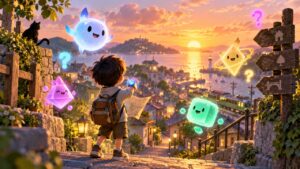 和風の町と光る腕時計を描いたゲーム記事用の抽象イメージ