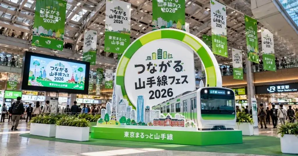 つながる山手線フェス2026の会場をイメージした山手線とイベント装飾