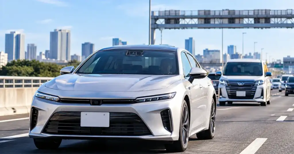 高速道路を走る乗用車と車内監視センサーを表現したドライバーモニタリングシステムの記事アイキャッチ