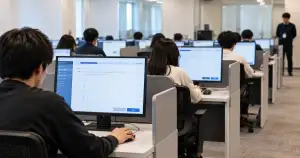 コンピューター試験会場で受験者がCBT形式の試験に取り組んでいる様子