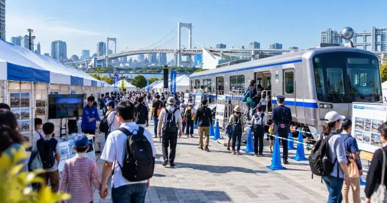 お台場の屋外鉄道イベントで展示車両やブースを多くの来場者が見学している様子