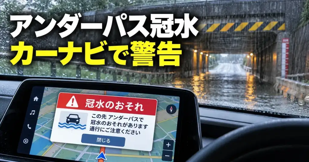 豪雨で冠水したアンダーパスと、冠水のおそれをカーナビ画面で警告する様子を示すアイキャッチ